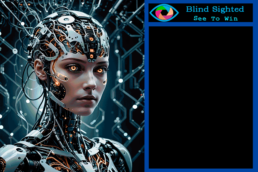 The Blind Sighted logo -See To Win and 3 images, the first is
A cyborg woman looking at caption, -Purpose, Meaning & fulfillment, We All Have Blind Spots, Where do we find insight?, How do we get back on track?: Second image is of a woman smiling standing in a classroom with caption, -Introspection/Self-Understanding, Develop a plan, Find your blind spots, and Learn how to fly. The third image is of a Woman Executive with caption, -Bring Your Best Self to Work, Become Inspirational, Be a motivated leader and become a hero.